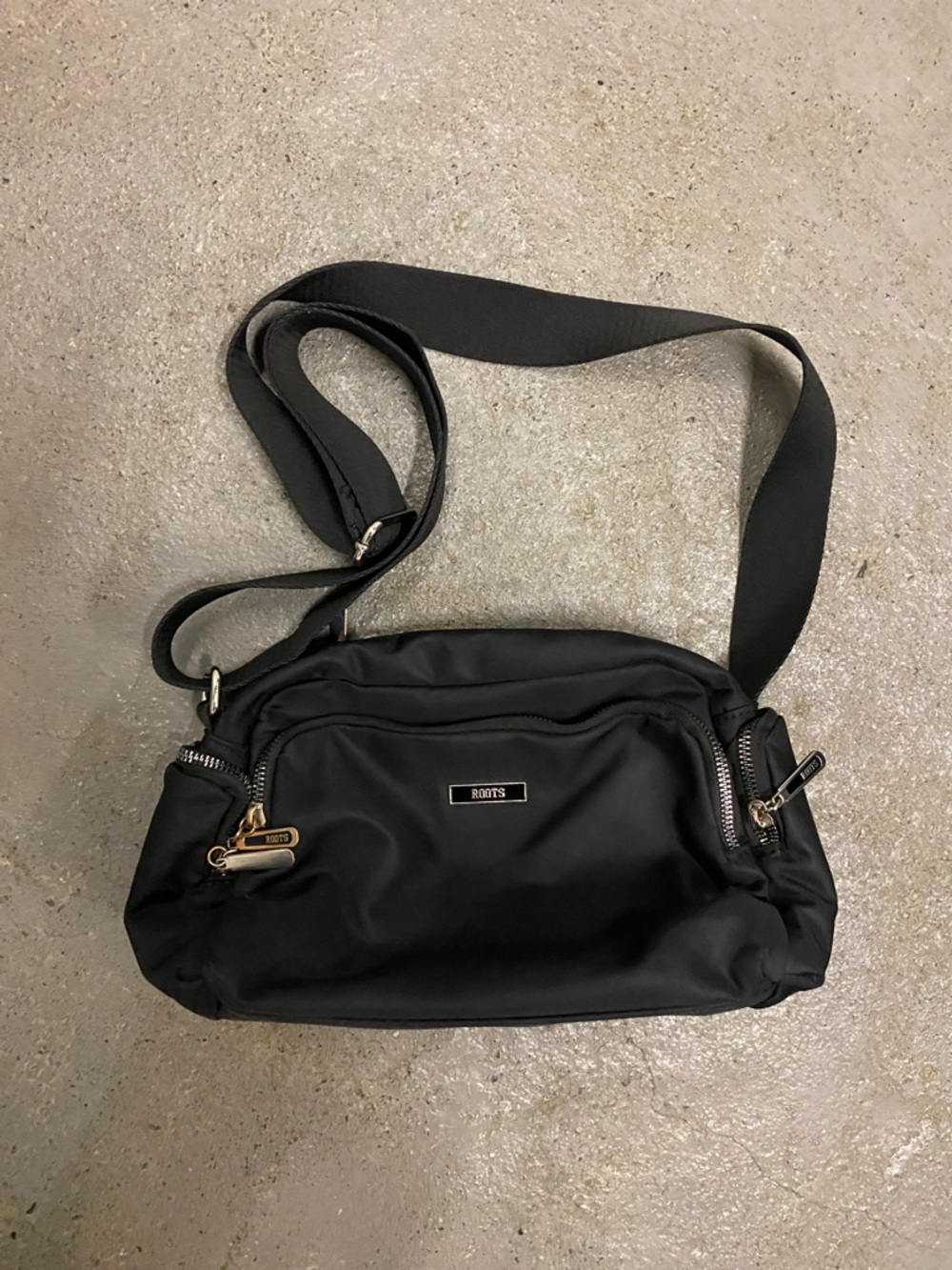 Roots Black Nylon Crossbody Bag with Silver Hardware